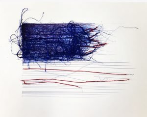 Thin pieces of thread and ink make up a shredded American flag