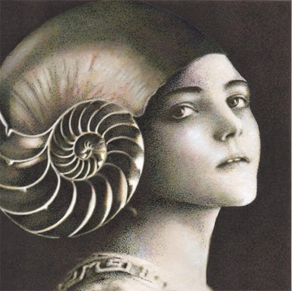 A mixed media work of a woman wearing a shell as a headpiece