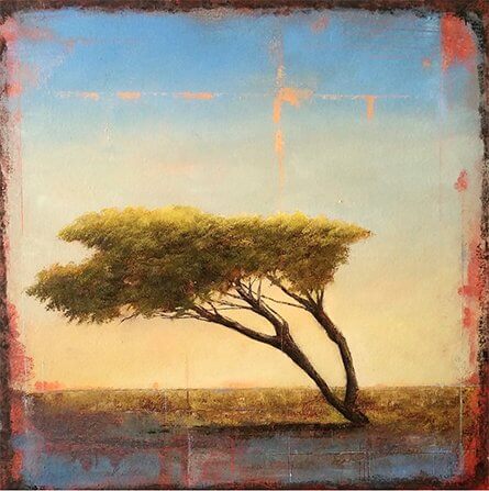 An abstract oil painting of a tilted tree in the wind
