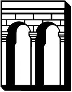 A black and white drawing of a brick archway