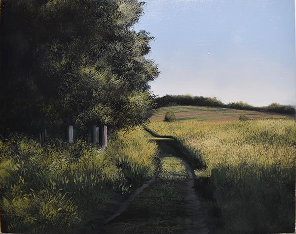 An oil painting of a worn path through a field of grass with trees on the left hand side