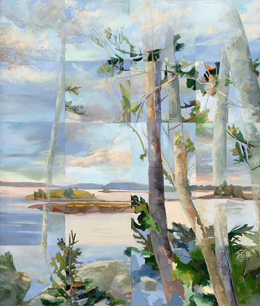 An abstracted painting of birch trees overlooking a cove of water